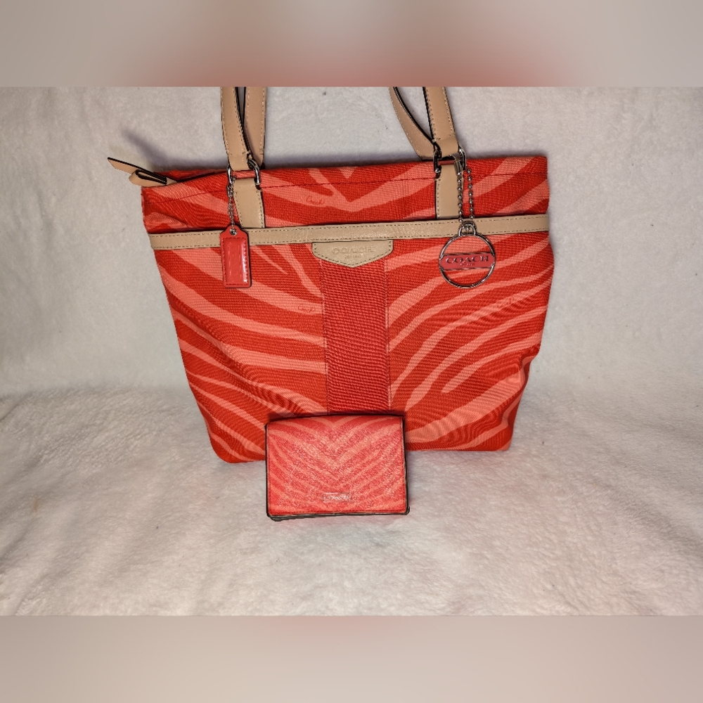 Vintage/Y2K COACH Model F23283 Zebra Print Leather Trim Tote With Wallet